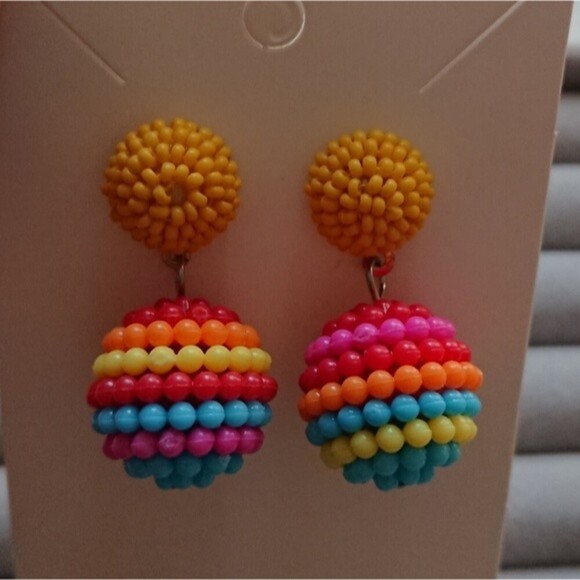 Seed Beaded Ball Drop Earrings - yellow/red/bluecolor combo - Picture 1 of 6
